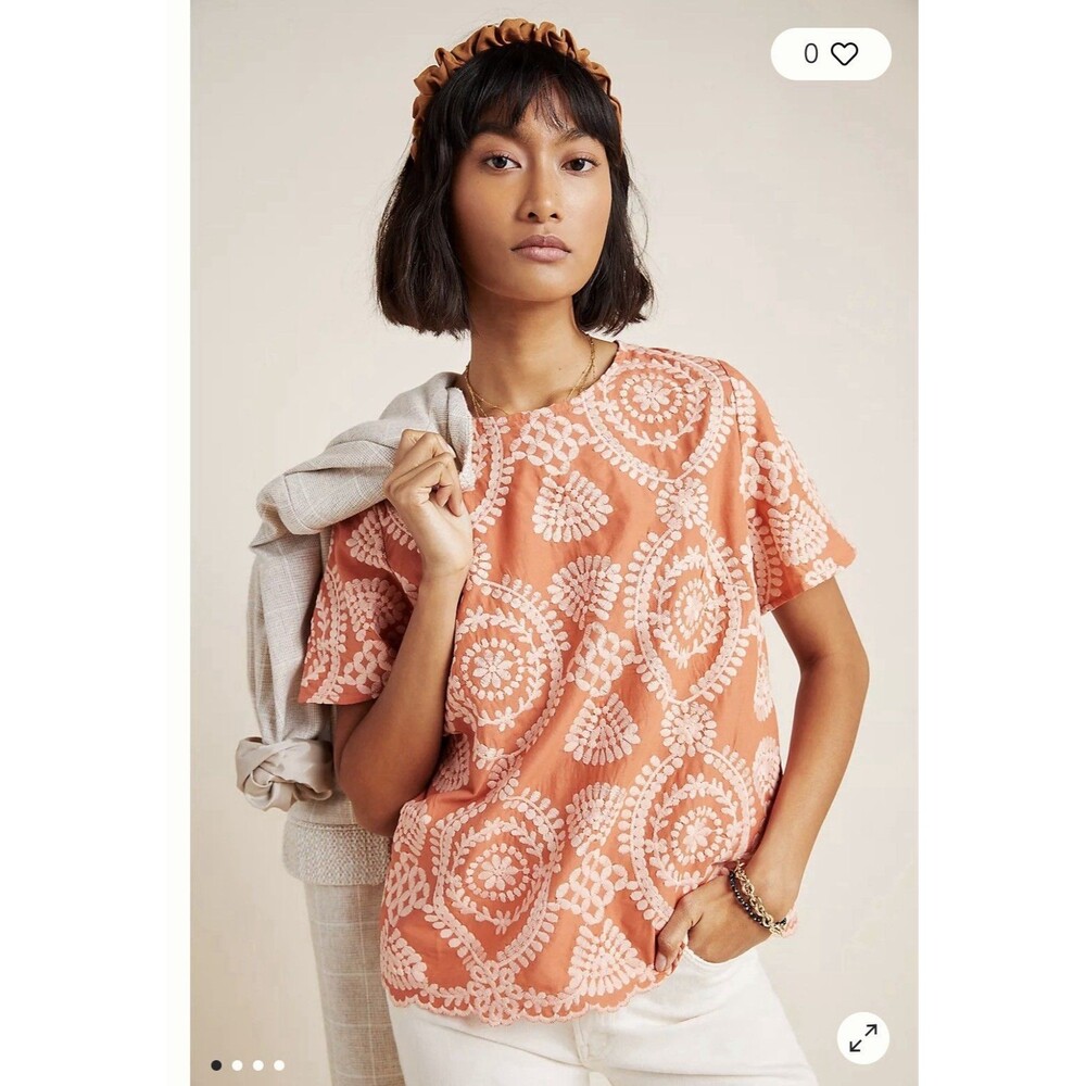 Anthropologie Eri + Ali Coralie Embroidered Orange Cotton Shirt Top Women’s XS